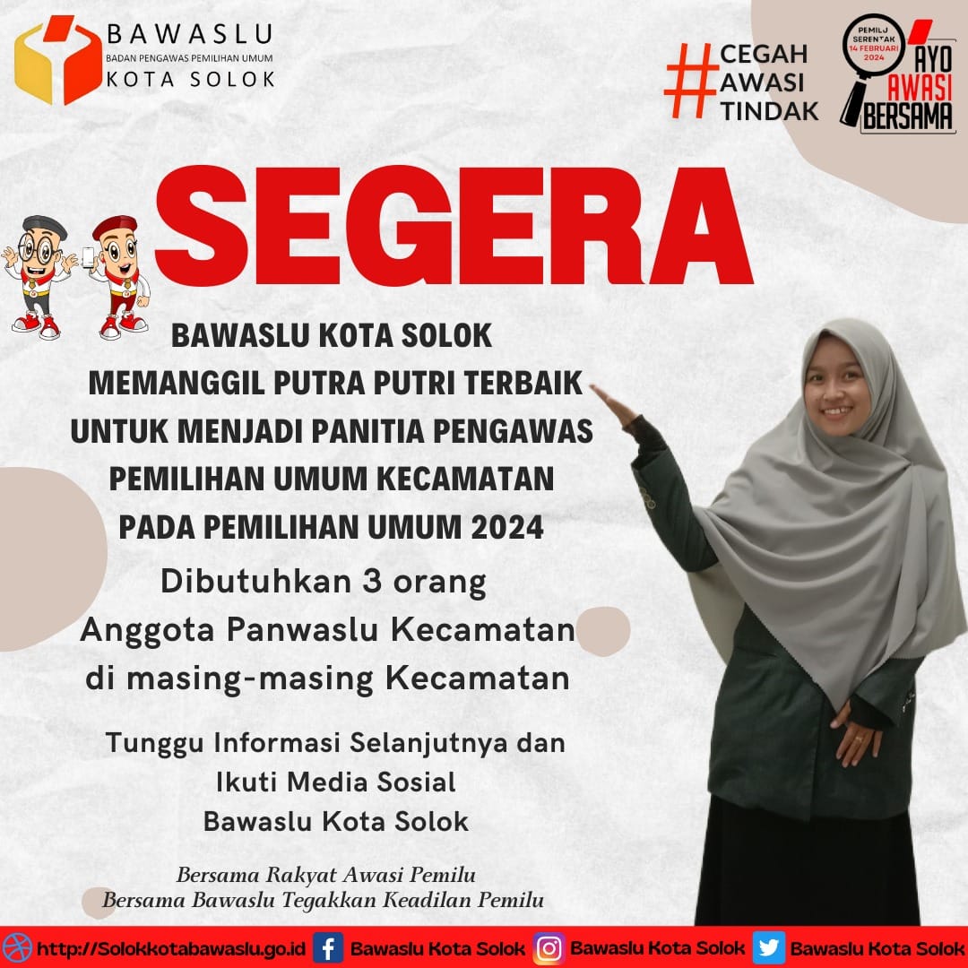 Bawaslu Kota Solok Buka Pendaftaran Calon Panwascam Pemilu Tahun 2024
