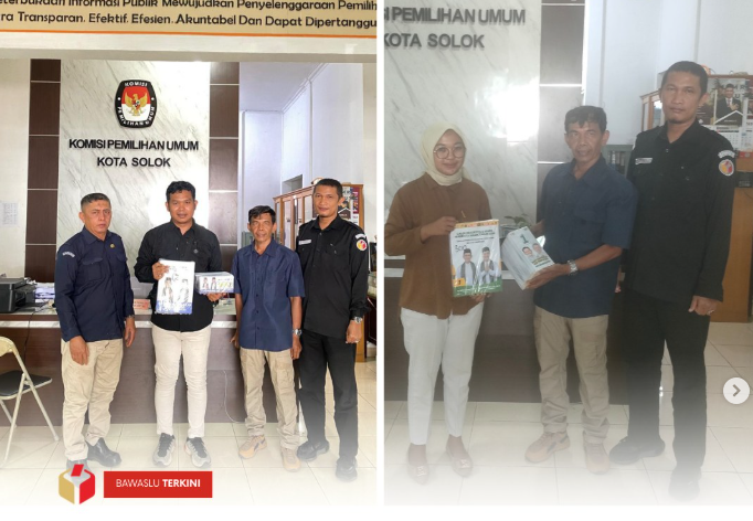 Bawaslu Kota Solok memastikan penyerahan bahan kampanye sesuai dengan prosedur dan regulasi kepada KPU Kota Solok, Selasa (29/10).