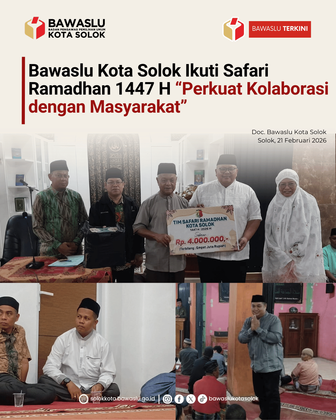 Bawaslu Kota Solok ikuti Safari Ramadhan bersama Pemerintah Kota Solok dan berbagai unsur daerah dengan mengunjungi masjid-masjid di wilayah Kota Solok