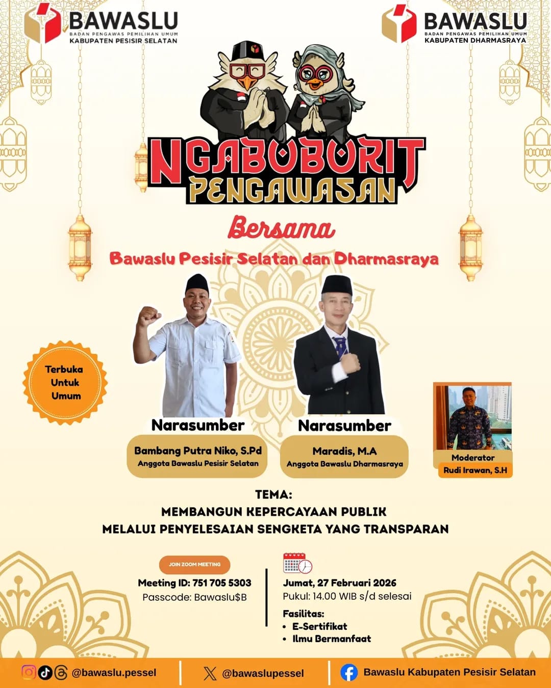 Ngabuburit Pengawasan yang merupakan kolaborasi antara Bawaslu Kabupaten Pesisir Selatan dan Bawaslu Kabupaten Dharmasraya dengan mengusung tema “Membangun Kepercayaan Publik Melalui Penyelesaian Sengketa yang Transparan”.