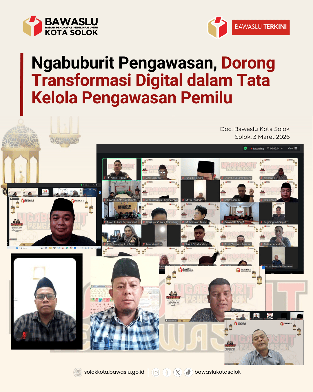 Bawaslu Kota Solok menghadiri kegiatan Ngabuburit Pengawasan secara daring yang digagas oleh Bawaslu Kota Sawahlunto bersama Bawaslu Kabupaten Pasaman Barat, Selasa (3/3/2026)