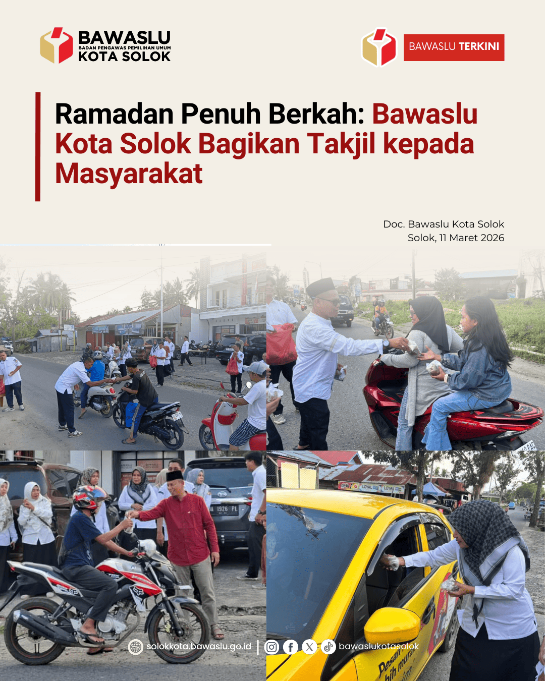 Bawaslu Kota Solok menggelar kegiatan pembagian takjil kepada masyarakat dan para pengendara yang melintas di depan Kantor Bawaslu Kota Solok, Rabu (11/3/2025).