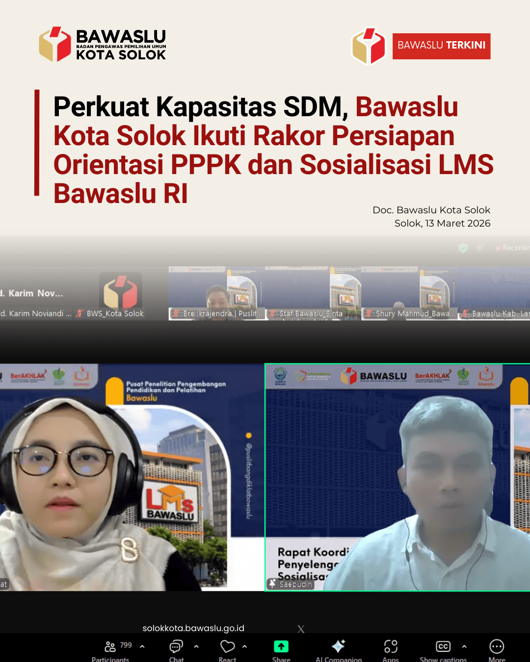 Bawaslu Kota Solok mengikuti Rapat Koordinasi Persiapan Orientasi (PPPK) serta Sosialisasi Learning Management System (LMS)