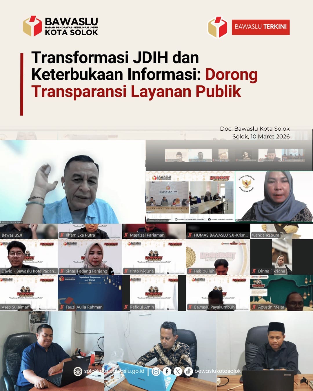 Bawaslu Kota Solok mengikuti kegiatan Ngabuburit Pengawasan dengan tema Transformasi Jaringan Dokumentasi dan Informasi Hukum (JDIH) dan Keterbukaan Informasi Publik. Selasa (10/3/2026)