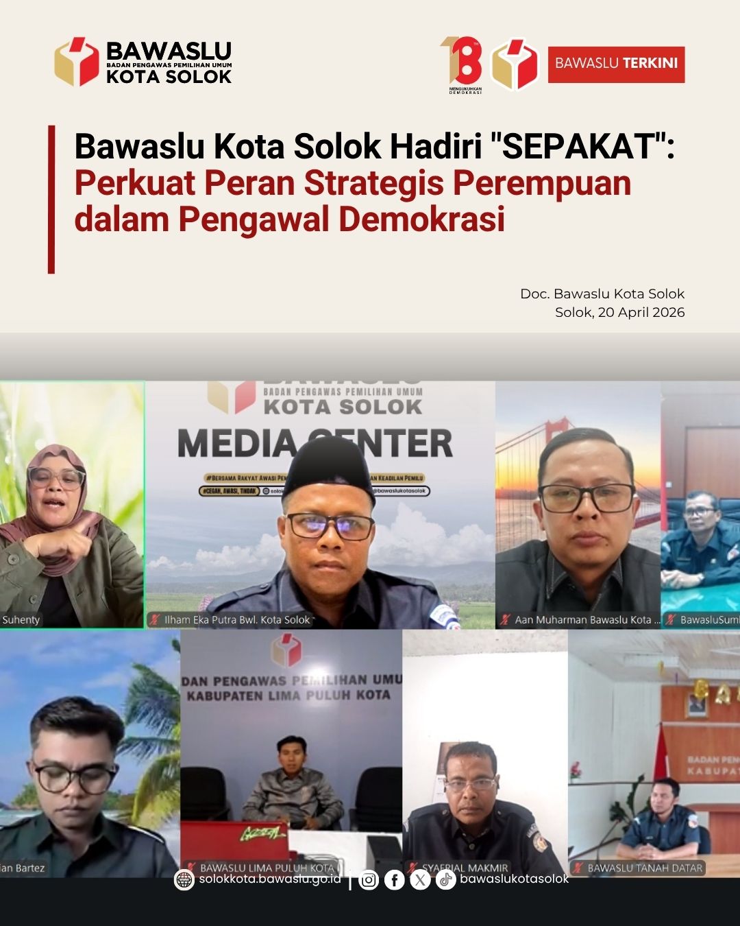 Bawaslu Kota Solok menghadiri kegiatan “SEPAKAT” (Senin Pengawas Berkomitmen dan Bermartabat) yang diselenggarakan oleh Bawaslu Provinsi Sumatera Barat