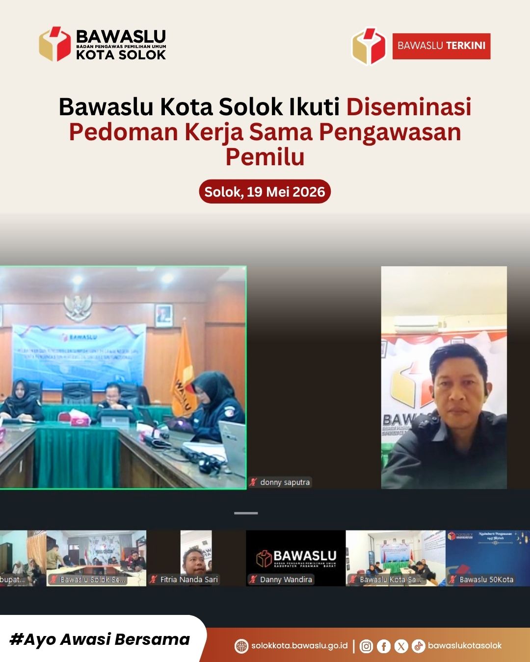Bawaslu Kota Solok mengikuti kegiatan Rapat Dalam Kantor (RDK) terkait Diseminasi Pedoman Kerja Sama pada Selasa, 19 Mei 2026