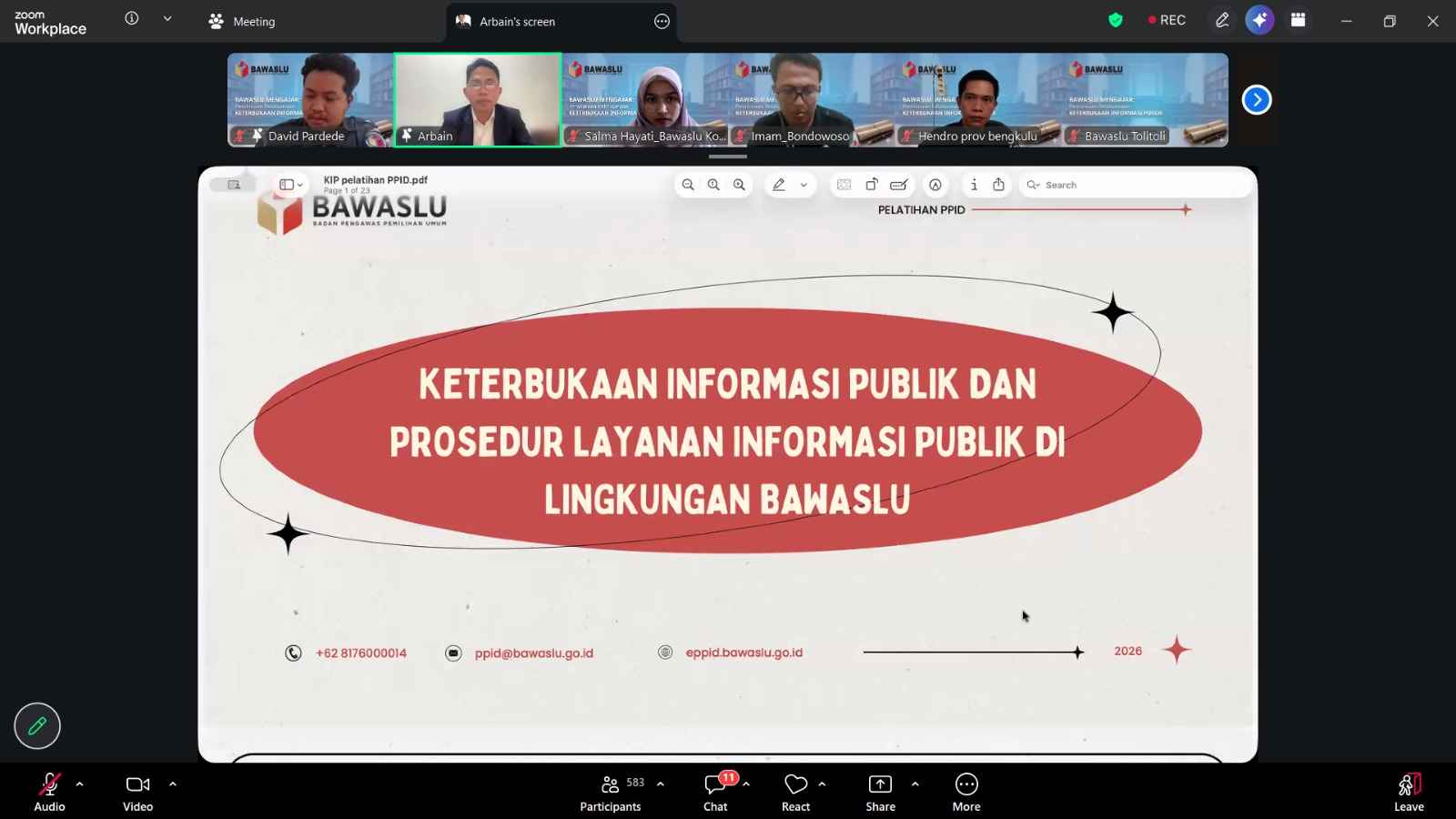 Bawaslu Kota Solok mengikuti kegiatan Bawaslu Mengajar dengan tema Pembinaan Pelaksanaan Keterbukaan Informasi melalui Learning Management System (LMS)