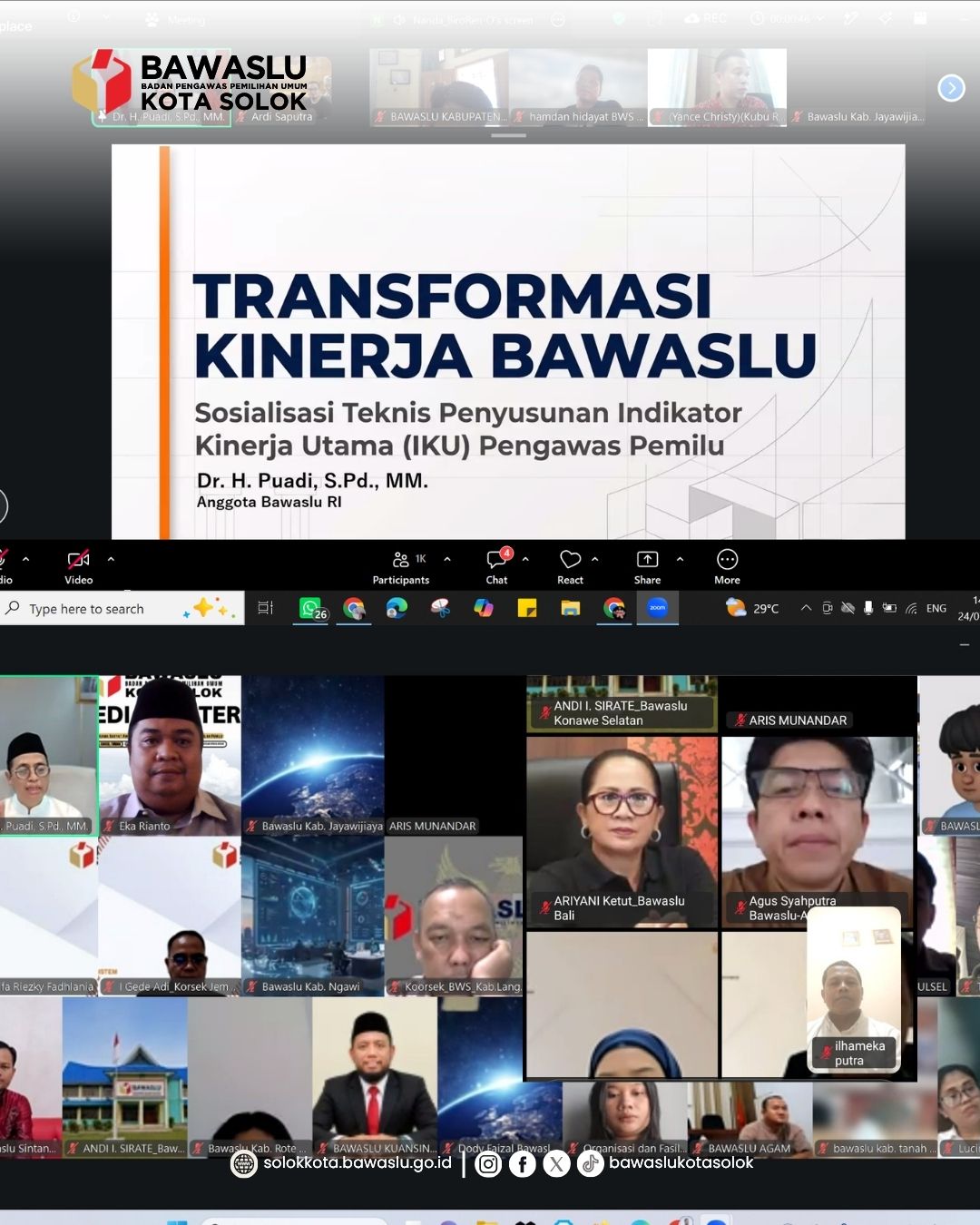Anggota Bawaslu Kota Solok mengikuti Sosialisasi Teknis Penyusunan Indikator Kinerja Utama (IKU) Pengawas Pemilu yang diselenggarakan Bawaslu RI secara daring, Jumat (24/7/2026).