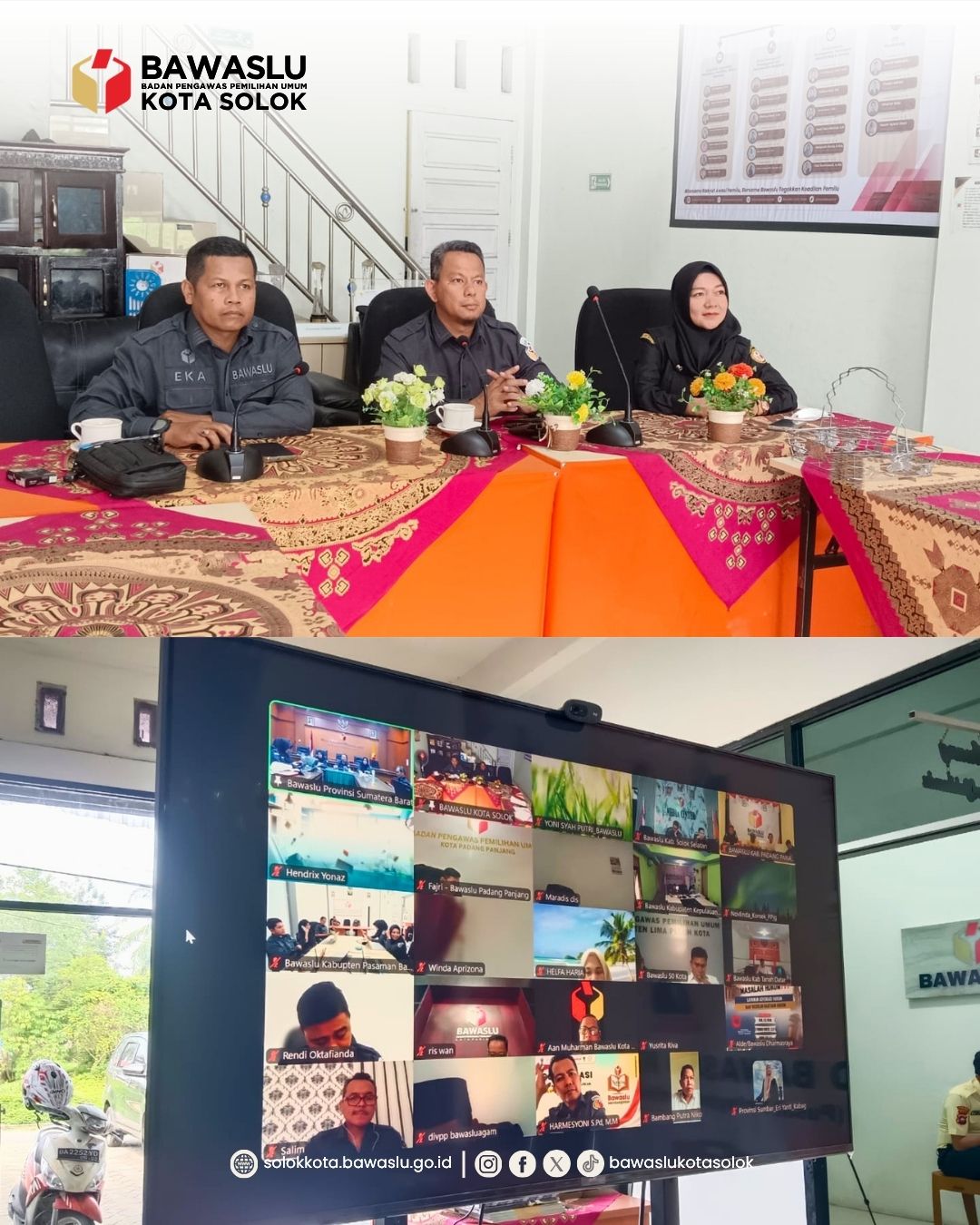 Ketua dan Anggota serta Koordinator Sekretariat Bawaslu Kota Solok mengikuti kegiatan SEPAKAT (Senin Pengawas Berkomitmen dan Bermartabat) yang diselenggarakan oleh Bawaslu Provinsi Sumatera Barat secara daring melalui Zoom Meeting, Senin (31/8/2026).
