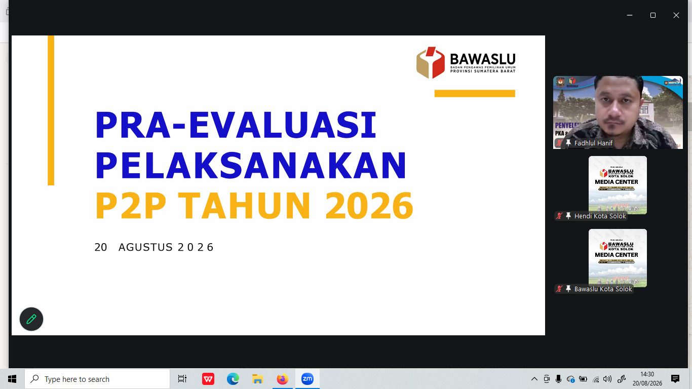 Bawaslu Kota Solok mengikuti Rapat Pra-Evaluasi Pelaksanaan Pendidikan Pengawas Partisipatif (P2P) di Sumatera Barat Tahun 2026