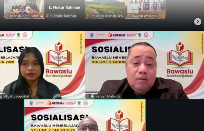 Bawaslu Kota Solok mengikuti Sosialisasi Surat Edaran Nomor 23 tentang Tahap Awal Seleksi Program Bawaslu Membelajarkan Volume 2 Tahun 2026 yang diselenggarakan oleh Bawaslu Republik Indonesia secara daring, Senin (3/8/2026). 