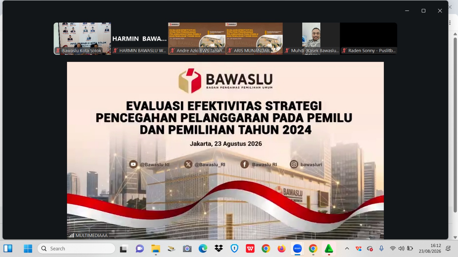 Bawaslu RI melaksanakan Evaluasi Efektivitas Strategi Pencegahan Pelanggaran pada Pemilu dan Pemilihan Tahun 2024 yang berlangsung pada 23–25 Agustus 2026 di Jakarta, serta diikuti secara daring oleh Bawaslu Kota Solok.