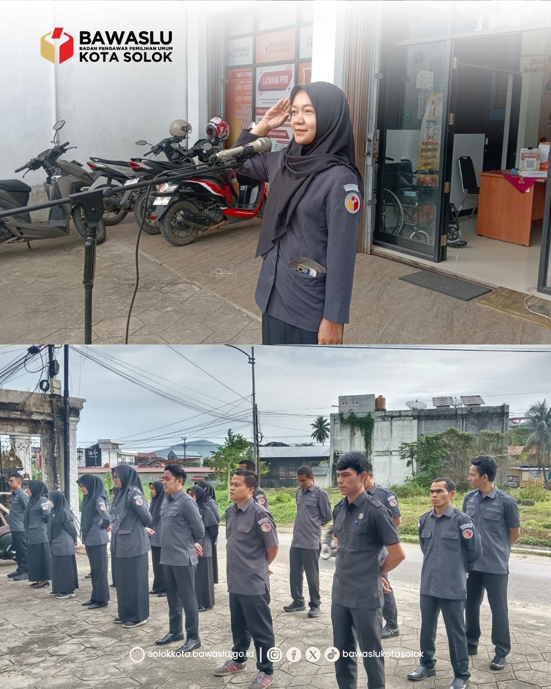 Koordinator Sekretariat (Korsek) Bawaslu Kota Solok, Nurmishbah, S.Pd., M.Pd. pimpin apel pagi rutin di halaman kantor Bawaslu Kota Solok, Senin (26/10/2026).