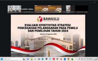 Bawaslu RI melaksanakan Evaluasi Efektivitas Strategi Pencegahan Pelanggaran pada Pemilu dan Pemilihan Tahun 2024 yang berlangsung pada 23–25 Agustus 2026 di Jakarta, serta diikuti secara daring oleh Bawaslu Kota Solok.